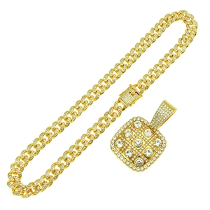 Collier hip-hop homme avec pendentif carré doré et chaîne cubaine sertie de strass