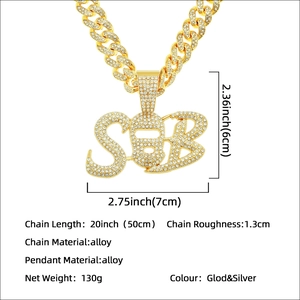 Hip hop gold plated Cuban link necklace with iced out SOB letter pendant for men