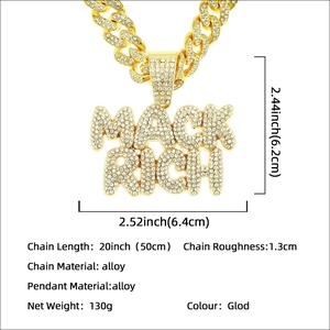 Collier chaîne cubaine hip hop avec pendentif MACK RICH et maillons dorés de 50cm