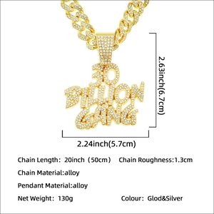 Pendentif Hip-hop 30 Billion Gang glacé avec chaîne cubaine dorée épaisse de 50 cm