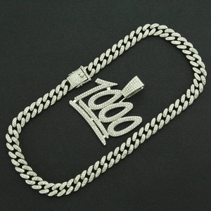Iced out silver hip hop cuban link chain and 100 pendant necklace for men