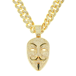 Collier Pendentif Masque en Alliage avec Strass Complets Hip Hop Chaîne à Mailles Cubaines Dominante Exagérée Bijoux Homme