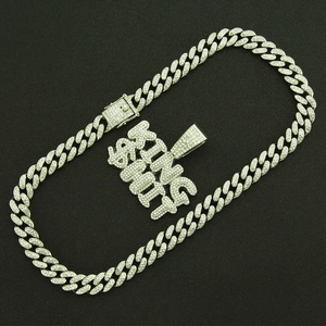 Iced-out Cuban link chain necklace with KING SHIT letter pendant for hip hop streetwear style