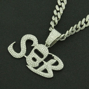 Iced out silver SBR letter pendant with full rhinestone Cuban link chain necklace