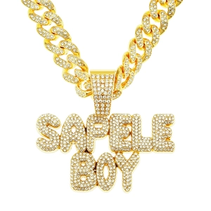 Collier Hip Hop Homme Avec Pendentif Lettre Double Rangée Iced Out Alliage Strass Chaîne Mailles Cubaines Or Argent Street Style