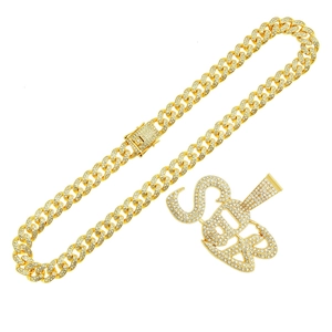 Hip hop gold Cuban chain necklace with iced out crystal paved SBR letter pendant