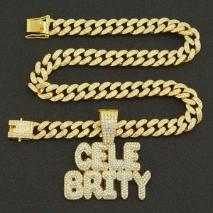 Hip hop gold Cuban chain necklace with CELEBRITY letter pendant encrusted in white crystals