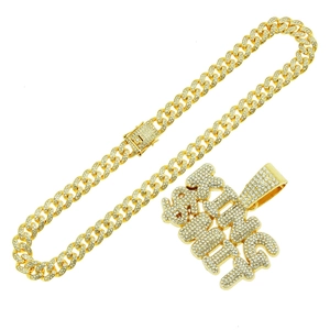 Hip hop gold Cuban link necklace with iced out KING SMIT letter pendant for men