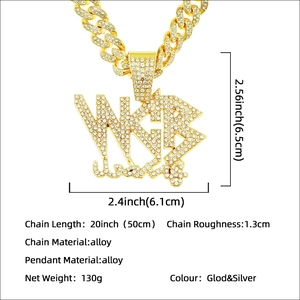 Collier hip hop avec pendentif lettre WKB serti et chaîne cubaine dorée de 13mm