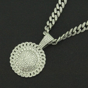 Iced out Cuban link chain necklace with large rhinestone sunflower pendant for men