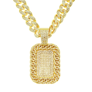Hip-hop style gold-plated Cuban link necklace with iced out dog tag pendant and diamonds