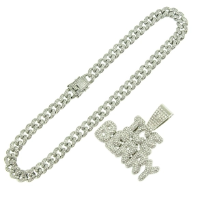 Chaîne cubaine argentée Iced Out avec un grand pendentif BIG BABY en strass pour hommes