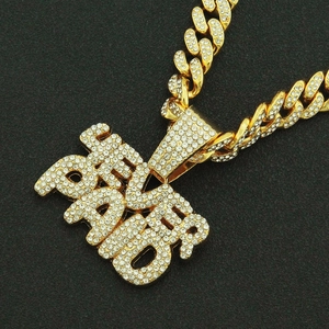 Hip hop gold Cuban chain necklace with iced out NEVER PAID letter pendant detail