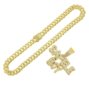 Chaîne cubaine dorée hip hop avec pendentif lettre SAD BOY serti de strass pour homme