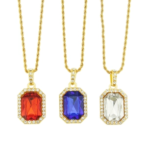 Collier Pendentif Grande Pierre Gemme Artificielle Rectangulaire Hip Hop Chaîne Corde Dorée Strass Bijoux Punk Homme Femme