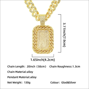 Hip hop gold plated iced out rectangle pendant necklace with wide Cuban chain for men