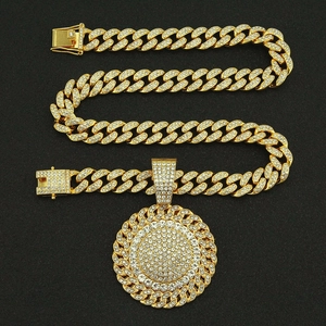 Gold iced-out Cuban chain necklace with sparkling sunflower pendant in hip hop punk style