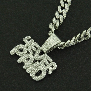 Hip hop silver plated Cuban link chain with iced out NEVER PAID letter pendant accessory