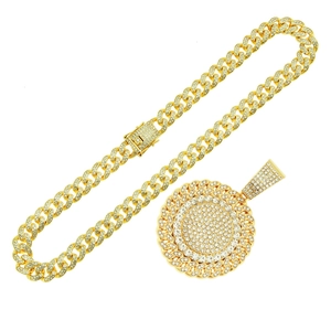 Men's hip hop gold Cuban link chain necklace with iced out sunflower pendant