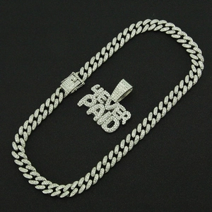 Icy silver Cuban chain necklace with 'NEVER PAID' letter pendant and pave rhinestones