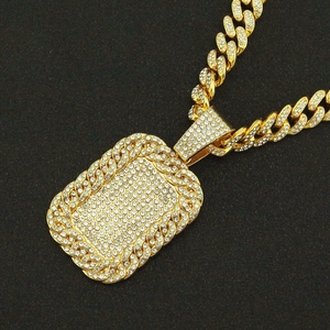 Iced-out rectangle military tag pendant with golden Cuban link chain for men