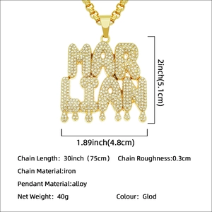 Golden iced-out MARLIAN letter pendant with melting effect on a 75cm box chain