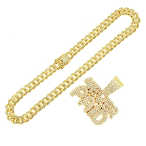 Iced out gold Cuban link chain with sparkling SELF PAID letter pendant for hip hop style