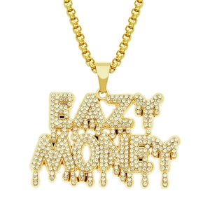Collier Pendentif Lettre EASY MONEY Hip Hop Alliage de Zinc Fer Chaîne Vénitienne Strass Bijoux Streetwear