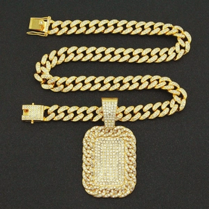 Iced out gold Cuban link chain with square military dog tag pendant in hip hop style