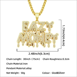 Collier hip hop doré avec pendentif EAZY MONEY effet goutte et chaîne box de 75 cm