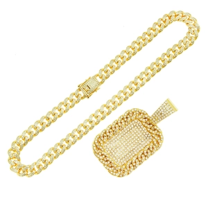 Gold-plated hip hop Cuban link chain necklace with oversized iced out dog tag pendant