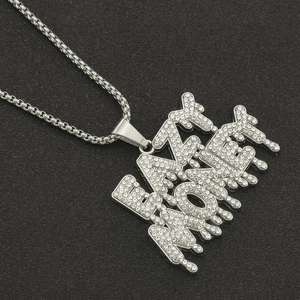 Collier hip hop argenté avec pendentif EASY MONEY serti de strass et chaîne à mailles