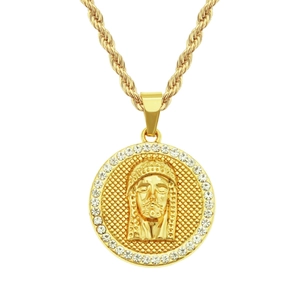 Golden Jesus portrait medallion necklace with twisted rope chain and crystal frame