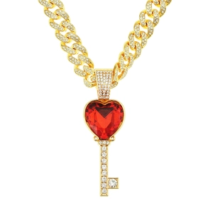 Collier Pendentif Clé Cœur Plaqué Or Hip Hop avec Chaîne Cubaine en Strass Rouges Iced Out pour Hommes Femmes Bijoux de Mode