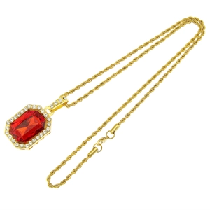 Collier hip hop chaîne torsadée avec grand pendentif rectangulaire en gemme rouge