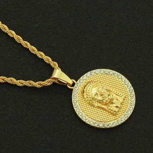 Gold Virgin Mary medallion pendant necklace with rhinestones on a rope chain
