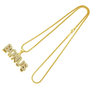 Collana hip hop da uomo dorata con pendente lettera BONUS decorato con strass lucidi