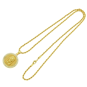 Hip hop gold plated portrait medallion necklace with cubic zirconia border on twist chain