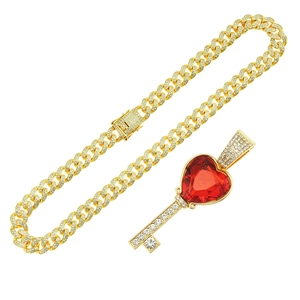 Chaîne cubaine dorée de style hip hop avec pendentif clé en rubis rouge en forme de cœur