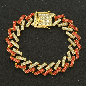 Hip hop 15mm gold Cuban link bracelet with red and white rhinestones on black background