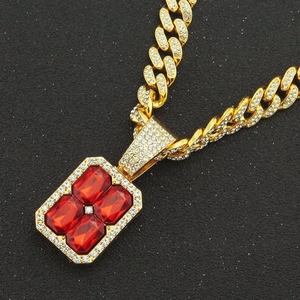 Hip hop cuban link necklace with large red ruby pendant and iced out crystals