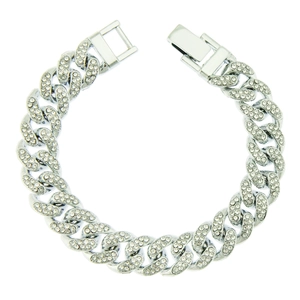 13mm silver iced out Cuban link bracelet with sparkling rhinestones in punk hip hop style