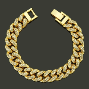 Men's 13mm gold Cuban link bracelet with iced-out pave diamonds in hip hop style