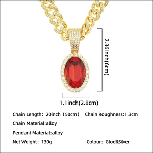 Hip hop oval ruby pendant necklace with iced out cubic zirconia and gold cuban chain