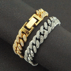 Men's hip hop 13mm iced out Cuban link bracelet in gold and silver finish with rhinestones