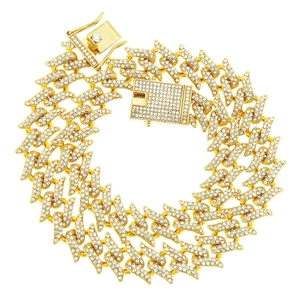 Collier Chaîne Cubaine Hip Hop pour Hommes Entièrement Sertie de Strass en Alliage à Épines Bijoux Streetwear Or Argent