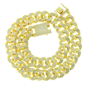 Collier Chaîne à Maillons Cubains Plein Strass Hip Hop pour Hommes Alliage Plaqué Or Argent Accessoires de Bijoux Street Fashion