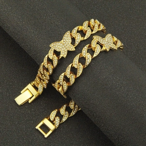 Collier cubain doré avec pendentif papillon serti de strass brillants style hip-hop