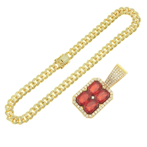 Men's hip hop gold Cuban chain with ruby pendant encrusted in shimmering crystals