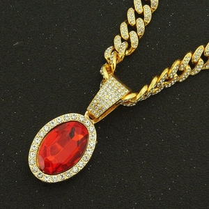 Hiphop gold Cuban chain necklace with red oval ruby pendant and micro paved diamonds